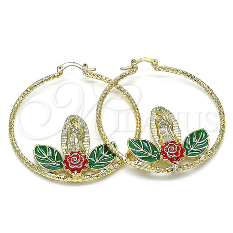 Argolla Grande 02.380.0078.50 Oro Laminado, Diseño de Guadalupe y Flor, Esmaltado Multicolor, Tono Dorado