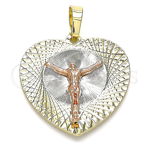 Dije Religioso 05.380.0131 Oro Laminado, Diseño de Jesus y Corazón, Diamantado, Tres Tonos