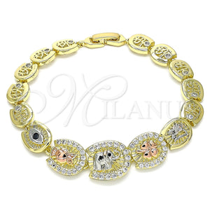 Pulsera Elegante 03.380.0103.07 Oro Laminado, Diseño de Elefante y Búho, con Blanca and Negro Zirconia Cubica, Pulido, Tres Tonos (09 MM Thickness, 7 Inches Length)