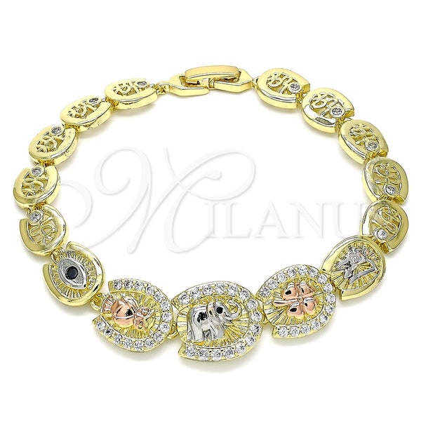 Pulsera Elegante 03.380.0103.07 Oro Laminado, Diseño de Elefante y Búho, con Blanca and Negro Zirconia Cubica, Pulido, Tres Tonos (09 MM Thickness, 7 Inches Length)