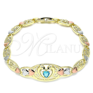 Pulsera Elegante 03.380.0106.07 Oro Laminado, Diseño de Delfín y Corazón, con Topacio Azul and Negro Zirconia Cubica, Pulido, Tres Tonos (07 MM Thickness, 7 Inches Length)
