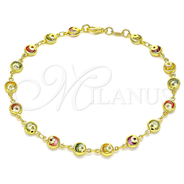 Tobillera Elegante 03.386.0001.10 Oro Laminado, Diseño de Luna y Estrella, con Multicolor Zirconia Cubica, Pulido, Tono Dorado (06 MM Thickness, 10 Inches Length)