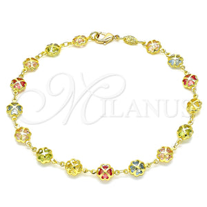 Tobillera Elegante 03.386.0002.10 Oro Laminado, Diseño de Trébol de Cuatro Hojas, con Multicolor Zirconia Cubica, Pulido, Tono Dorado (07 MM Thickness, 10 Inches Length)