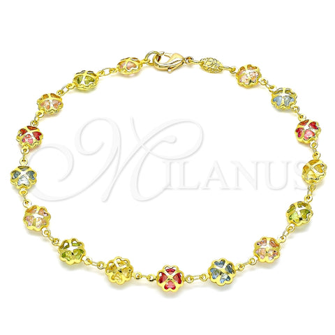 Tobillera Elegante 03.386.0002.10 Oro Laminado, Diseño de Trébol de Cuatro Hojas, con Multicolor Zirconia Cubica, Pulido, Tono Dorado (07 MM Thickness, 10 Inches Length)