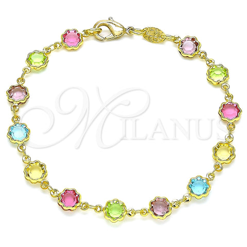 Pulsera Elegante 03.386.0003.07 Oro Laminado, Diseño de Flor, con Multicolor Zirconia Cubica, Pulido, Tono Dorado (07 MM Thickness, 7 Inches Length)