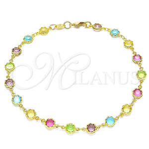 Tobillera Elegante 03.386.0003.10 Oro Laminado, Diseño de Flor, con Multicolor Zirconia Cubica, Pulido, Tono Dorado (07 MM Thickness, 10 Inches Length)