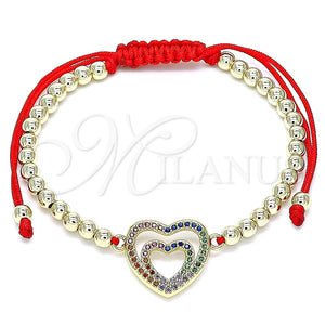 Pulsera Bolo Ajustable 03.299.0087.1.10 Oro Laminado, Diseño de Corazón y Bola, con Multicolor Micro Pave, Pulido, Tono Dorado (04 MM Thickness, 10 Inches Length)