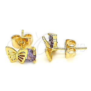 Arete Dormilona 02.387.0001.1 Oro Laminado, Diseño de Mariposa, con Amatista Zirconia Cubica, Pulido, Tono Dorado