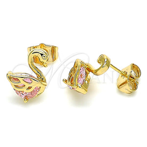 Arete Dormilona 02.387.0002 Oro Laminado, Diseño de Cisne, con Rosado Zirconia Cubica, Pulido, Tono Dorado