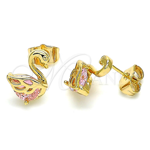 Arete Dormilona 02.387.0002 Oro Laminado, Diseño de Cisne, con Rosado Zirconia Cubica, Pulido, Tono Dorado