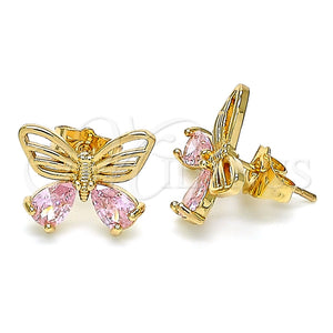 Arete Dormilona 02.387.0007 Oro Laminado, Diseño de Mariposa, con Rosado Zirconia Cubica, Pulido, Tono Dorado