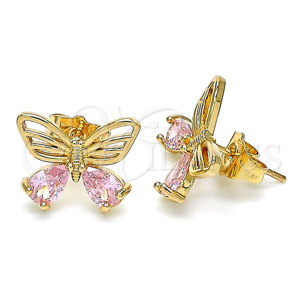 Arete Dormilona 02.387.0007 Oro Laminado, Diseño de Mariposa, con Rosado Zirconia Cubica, Pulido, Tono Dorado