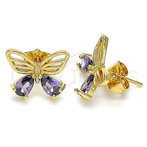 Arete Dormilona 02.387.0007.1 Oro Laminado, Diseño de Mariposa, con Amatista Zirconia Cubica, Pulido, Tono Dorado