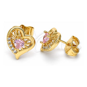 Arete Dormilona 02.387.0013 Oro Laminado, Diseño de Corazón, con Zirconia Cubica Rosado y Blanca, Pulido, Tono Dorado