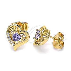Arete Dormilona 02.387.0013.1 Oro Laminado, Diseño de Corazón, con Amatista and Blanca Zirconia Cubica, Pulido, Tono Dorado