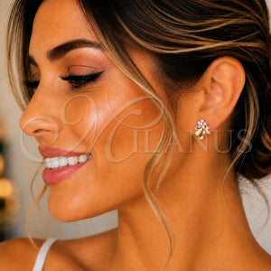 Arete Dormilona 02.387.0014 Oro Laminado, Diseño de Flor y Oja, con Rosado and Blanca Zirconia Cubica, Pulido, Tono Dorado