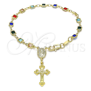 Rosario de Pulsera 09.326.0002.08 Oro Laminado, Diseño de Guadalupe y Crucifijo, con Multicolor Cristal, Pulido, Tono Dorado