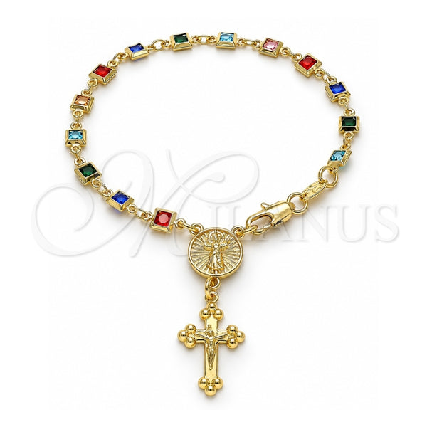 Rosario de Pulsera 09.326.0005.08 Oro Laminado, Diseño de Divino Niño y Crucifijo, con Cristal Multicolor, Pulido, Tono Dorado