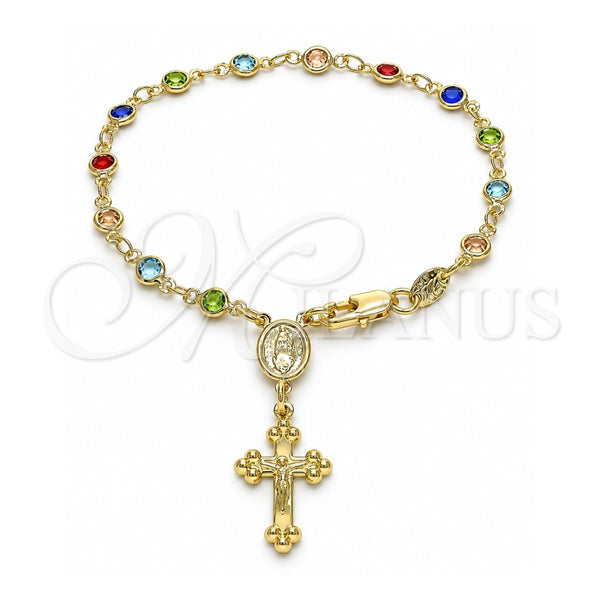 Rosario de Pulsera 09.326.0001.08 Oro Laminado, Diseño de Guadalupe y Crucifijo, con Cristal Multicolor, Pulido, Tono Dorado