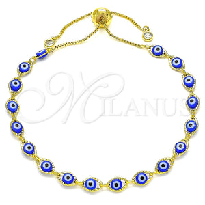 Pulsera Bolo Ajustable 03.386.0006.11 Oro Laminado, Diseño de Ojo Griego, con Blanca Zirconia Cubica, Resinado Azul, Tono Dorado (01 MM Thickness, 11 Inches Length)