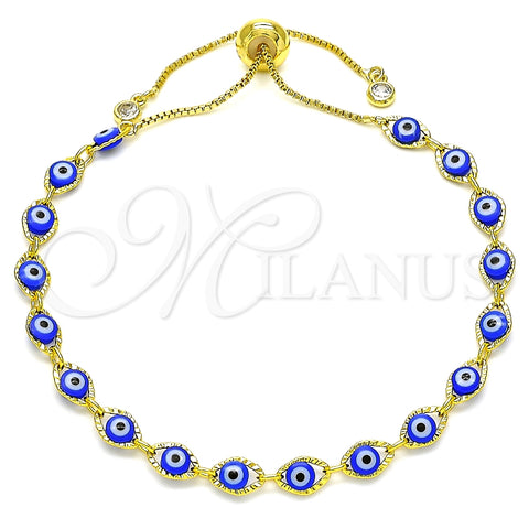 Pulsera Bolo Ajustable 03.386.0006.11 Oro Laminado, Diseño de Ojo Griego, con Blanca Zirconia Cubica, Resinado Azul, Tono Dorado (01 MM Thickness, 11 Inches Length)