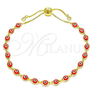 Pulsera Bolo Ajustable 03.386.0006.1.11 Oro Laminado, Diseño de Ojo Griego, con Blanca Zirconia Cubica, Resinado Rojo, Tono Dorado (01 MM Thickness, 11 Inches Length)
