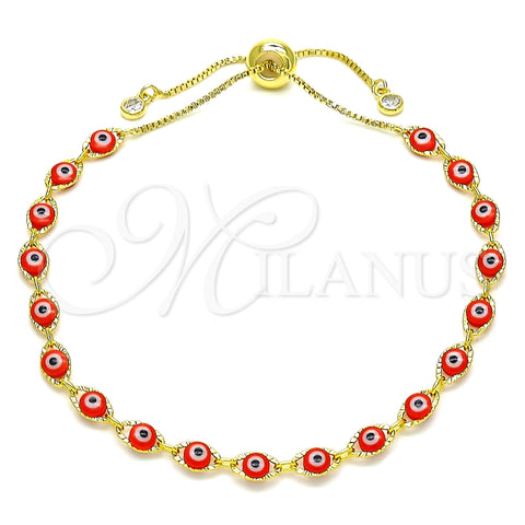 Pulsera Bolo Ajustable 03.386.0006.1.11 Oro Laminado, Diseño de Ojo Griego, con Blanca Zirconia Cubica, Resinado Rojo, Tono Dorado (01 MM Thickness, 11 Inches Length)