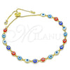 Pulsera Bolo Ajustable 03.386.0006.2.11 Oro Laminado, Diseño de Ojo Griego, con Blanca Zirconia Cubica, Resinado Multicolor, Tono Dorado (01 MM Thickness, 11 Inches Length)