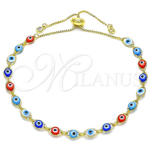 Pulsera Bolo Ajustable 03.386.0006.2.11 Oro Laminado, Diseño de Ojo Griego, con Blanca Zirconia Cubica, Resinado Multicolor, Tono Dorado (01 MM Thickness, 11 Inches Length)