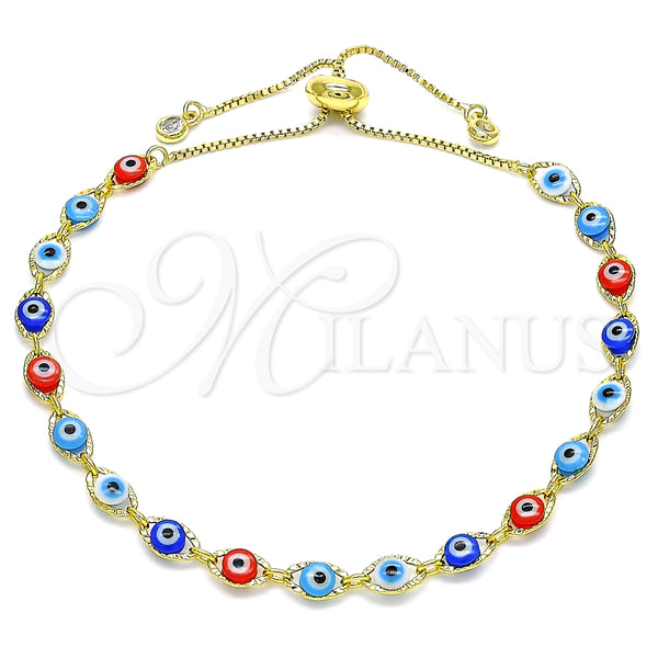 Pulsera Bolo Ajustable 03.386.0006.2.11 Oro Laminado, Diseño de Ojo Griego, con Blanca Zirconia Cubica, Resinado Multicolor, Tono Dorado (01 MM Thickness, 11 Inches Length)