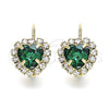 Arete Gancho Frances 02.122.0111.4 Oro Laminado, Diseño de Corazón, con Verde and Blanca Cristal, Pulido, Tono Dorado
