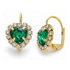 Arete Gancho Frances 02.122.0111.4 Oro Laminado, Diseño de Corazón, con Cristal Verde y Blanca, Pulido, Tono Dorado