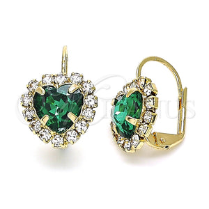 Arete Gancho Frances 02.122.0111.4 Oro Laminado, Diseño de Corazón, con Verde and Blanca Cristal, Pulido, Tono Dorado