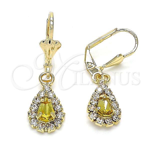 Arete Colgante 02.122.0116.4 Oro Laminado, Diseño de Gota, con Peridoto and Blanca Cristal, Pulido, Tono Dorado