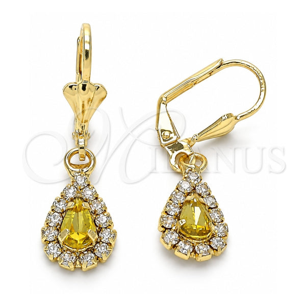 Arete Colgante 02.122.0116.4 Oro Laminado, Diseño de Gota, con Cristal Peridoto y Blanca, Pulido, Tono Dorado