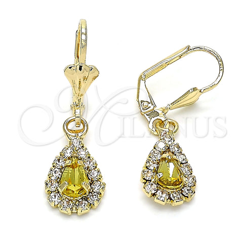 Arete Colgante 02.122.0116.4 Oro Laminado, Diseño de Gota, con Peridoto and Blanca Cristal, Pulido, Tono Dorado