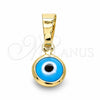 Dije Elegante 05.63.1162.1 Oro Laminado, Diseño de Ojo Griego, Resinado Azul claro, Tono Dorado