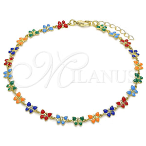 Tobillera Elegante 03.386.0010.10 Oro Laminado, Diseño de Mariposa, Esmaltado Multicolor, Tono Dorado (06 MM Thickness, 10 Inches Length)