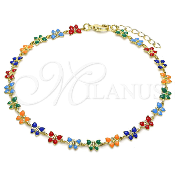 Tobillera Elegante 03.386.0010.10 Oro Laminado, Diseño de Mariposa, Esmaltado Multicolor, Tono Dorado (06 MM Thickness, 10 Inches Length)