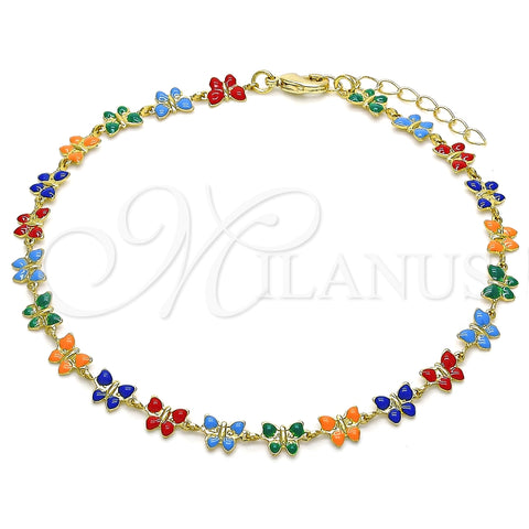 Tobillera Elegante 03.386.0010.10 Oro Laminado, Diseño de Mariposa, Esmaltado Multicolor, Tono Dorado (06 MM Thickness, 10 Inches Length)