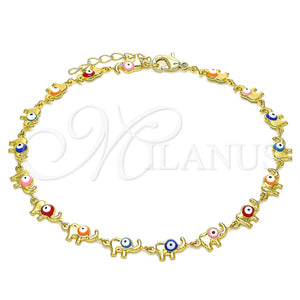 Tobillera Elegante 03.386.0011.10 Oro Laminado, Diseño de Elefante, Esmaltado Multicolor, Tono Dorado (07 MM Thickness, 10 Inches Length)
