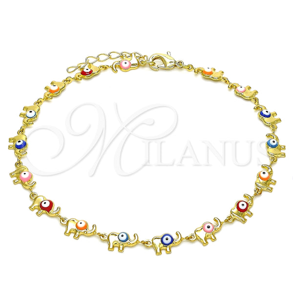 Tobillera Elegante 03.386.0011.10 Oro Laminado, Diseño de Elefante, Esmaltado Multicolor, Tono Dorado (07 MM Thickness, 10 Inches Length)