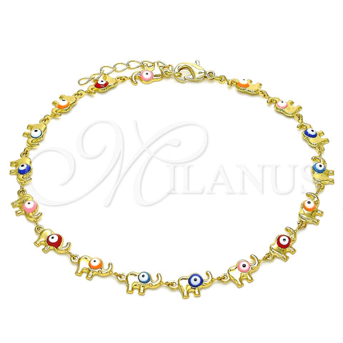 Tobillera Elegante 03.386.0011.10 Oro Laminado, Diseño de Elefante, Esmaltado Multicolor, Tono Dorado (07 MM Thickness, 10 Inches Length)