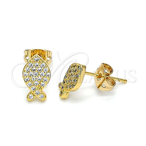 Arete Dormilona 02.213.0265 Oro Laminado, Diseño de Pescado, con Blanca Micro Pave, Pulido, Tono Dorado