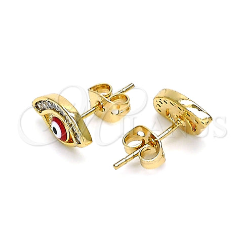 Arete Dormilona 02.213.0267 Oro Laminado, Diseño de Ojo Griego, con Blanca Zirconia Cubica, Esmaltado Rojo, Tono Dorado