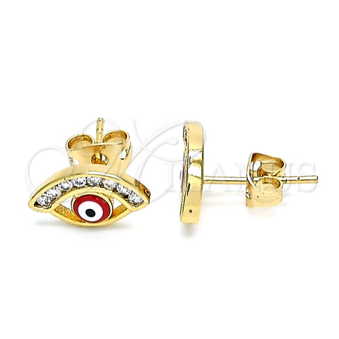 Arete Dormilona 02.213.0267 Oro Laminado, Diseño de Ojo Griego, con Blanca Zirconia Cubica, Esmaltado Rojo, Tono Dorado