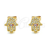 Arete Dormilona 02.213.0268 Oro Laminado, Diseño de Mano de Dios y Judaica, con Micro Pave Blanca, Esmaltado Rojo, Tono Dorado