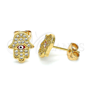 Arete Dormilona 02.213.0268 Oro Laminado, Diseño de Mano de Dios y Judaica, con Micro Pave Blanca, Esmaltado Rojo, Tono Dorado