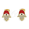 Arete Dormilona 02.213.0269 Oro Laminado, Diseño de Mano de Dios y Judaica, con Micro Pave Blanca y Negro, Esmaltado Rojo, Tono Dorado