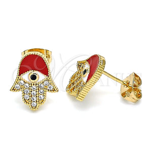 Arete Dormilona 02.213.0269 Oro Laminado, Diseño de Mano de Dios y Judaica, con Micro Pave Blanca y Negro, Esmaltado Rojo, Tono Dorado